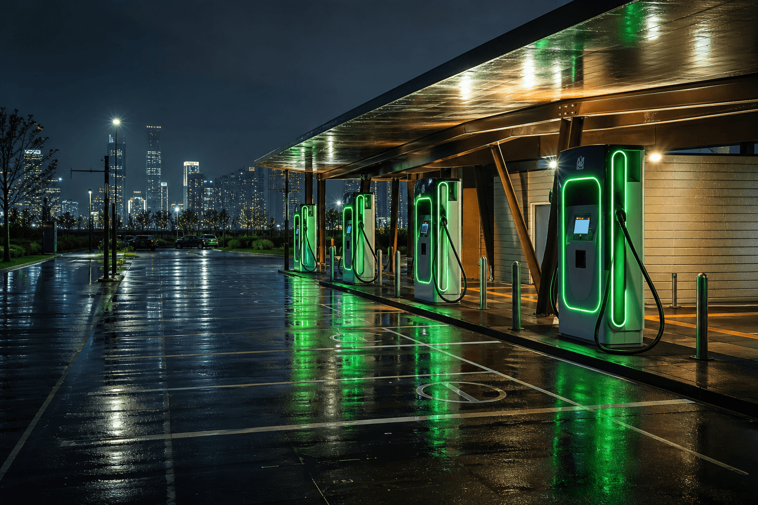 Modern public EV charging hub with illuminated bays at night